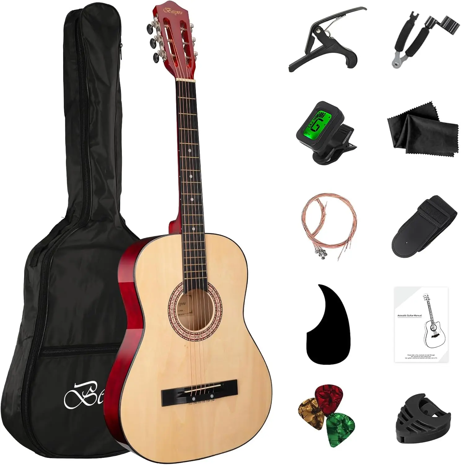 38 Inch Acoustic Guitar Starter Kit with Bag, Tuner, Picks for Beginners
38 Inch Acoustic Guitar Starter Kit with Bag, Tuner, Picks for Beginners