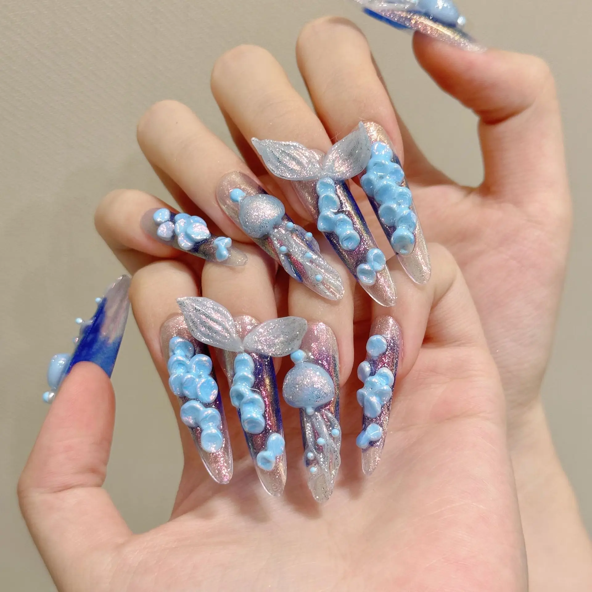 10pcs Handmade False Nails Art Long Almond Fake Nail with Merman Design Stick on Nail Reusable Glitter Blue Press on Nails Tips
10pcs Handmade False Nails Art Long Almond Fake Nail with Merman Design Stick on Nail Reusable Glitter Blue Press on Nails Tips