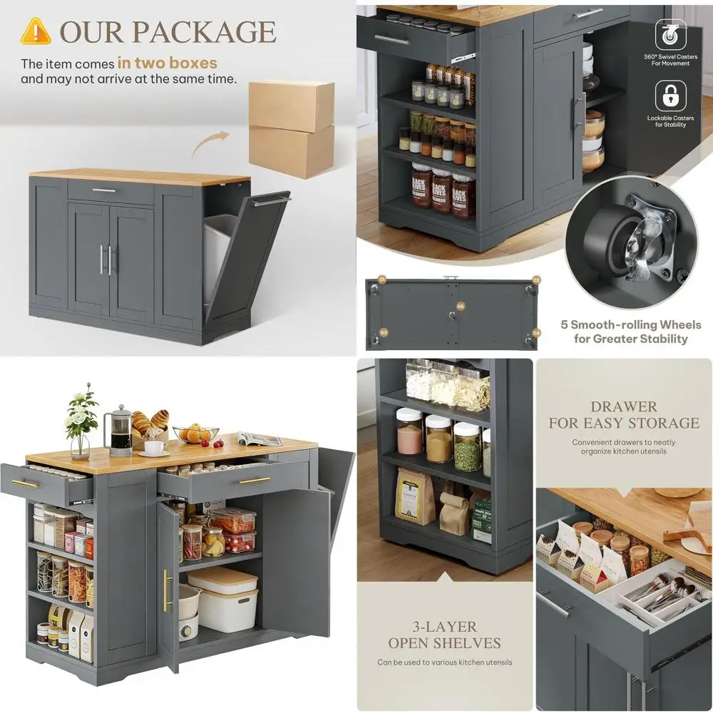 Большой кухонный остров с тумбой для мусорного бака, 53-дюймовый кухонный остров на колесиках, передвижной остров с отсеком для мусора, 13 галлонов.
Большой кухонный остров с тумбой для мусорного бака, 53-дюймовый кухонный остров на колесиках, передвижной остров с отсеком для мусора, 13 галлонов.