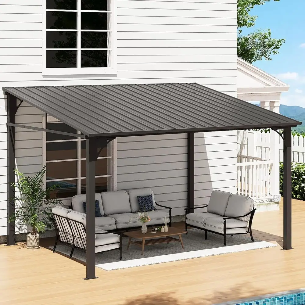 10' x 12' Lean to Gazebo, Hardtop Outdoor Pergola with Sloping Galvanized Steel Roo, Large Wall-Mounted Heavy Duty Awnings or Pa
10' x 12' Lean to Gazebo, Hardtop Outdoor Pergola with Sloping Galvanized Steel Roo, Large Wall-Mounted Heavy Duty Awnings or Pa