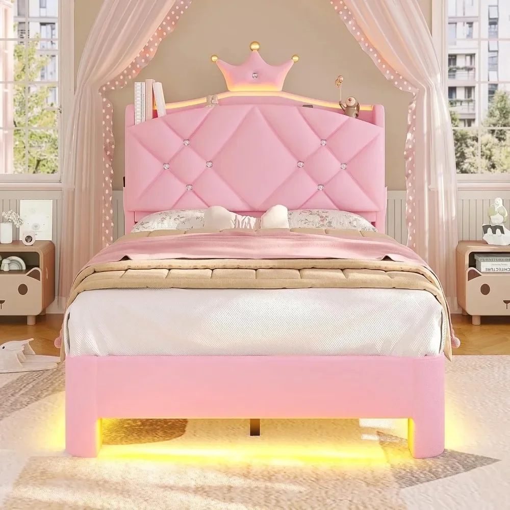 Twin Bed Frame with LED Lights, Modern Princess Upholstered Bed with Headboard with Charging Station & Crystal Button & Crown
Twin Bed Frame with LED Lights, Modern Princess Upholstered Bed with Headboard with Charging Station & Crystal Button & Crown