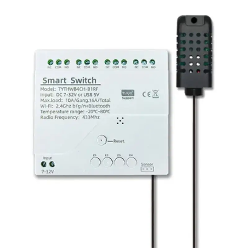 Tuya Smart Wifi 4 Channel Relay With Temperature Humidity Sensor Passive Dry Contact Switch RF433 For Alexa Alice-A31R
Tuya Smart Wifi 4 Channel Relay With Temperature Humidity Sensor Passive Dry Contact Switch RF433 For Alexa Alice-A31R