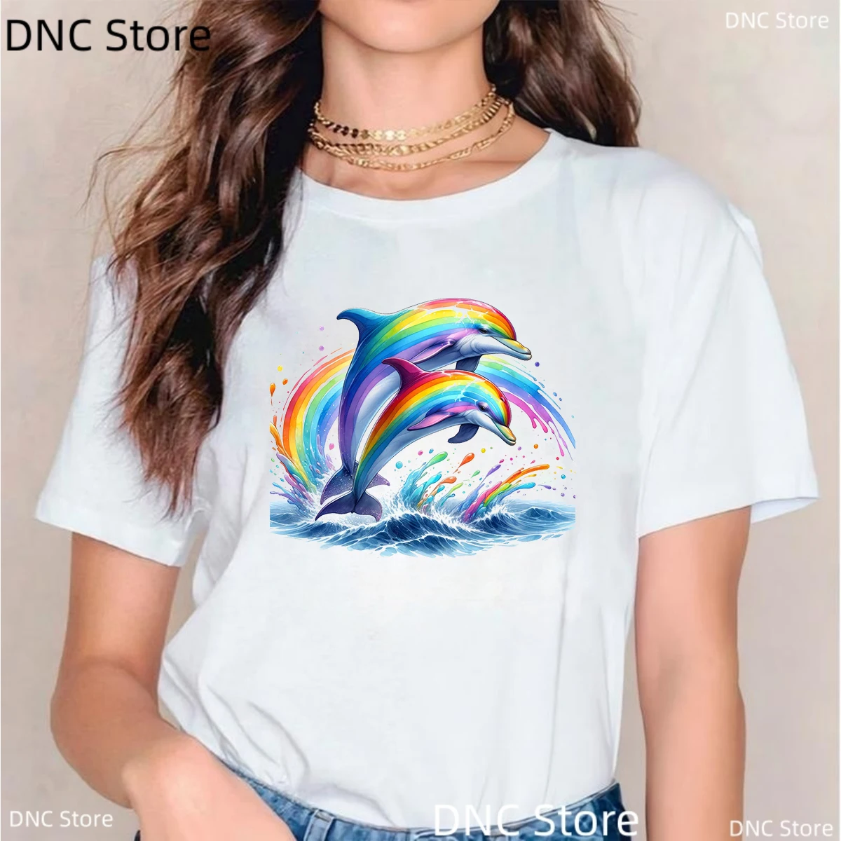 Rainbow printed dolphin graphic women's t-shirt Fashion Harajuku 00s tshirt Summer kawaii femme t shirt White tops wholesale
Rainbow printed dolphin graphic women's t-shirt Fashion Harajuku 00s tshirt Summer kawaii femme t shirt White tops wholesale