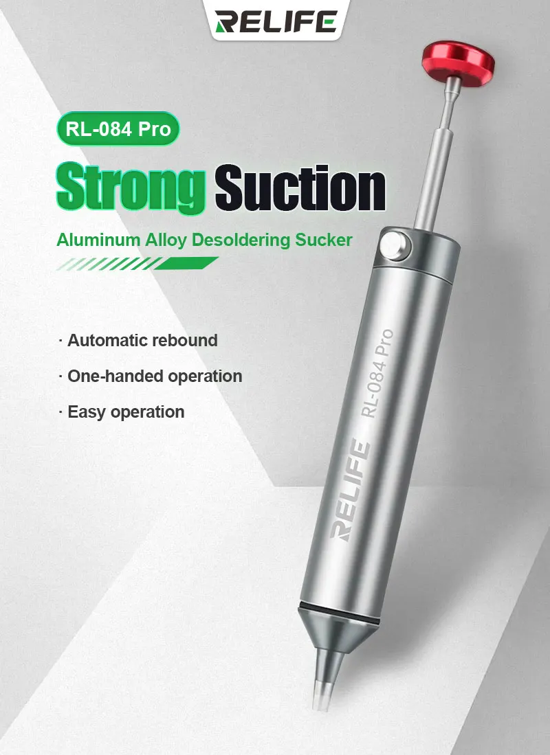 RELIFE RL-084 Pro Strong Suction Aluminum Alloy Desoldering Sucker Powerful Vacuum Suction for PCB Soldering Removal & Repair
RELIFE RL-084 Pro Strong Suction Aluminum Alloy Desoldering Sucker Powerful Vacuum Suction for PCB Soldering Removal & Repair