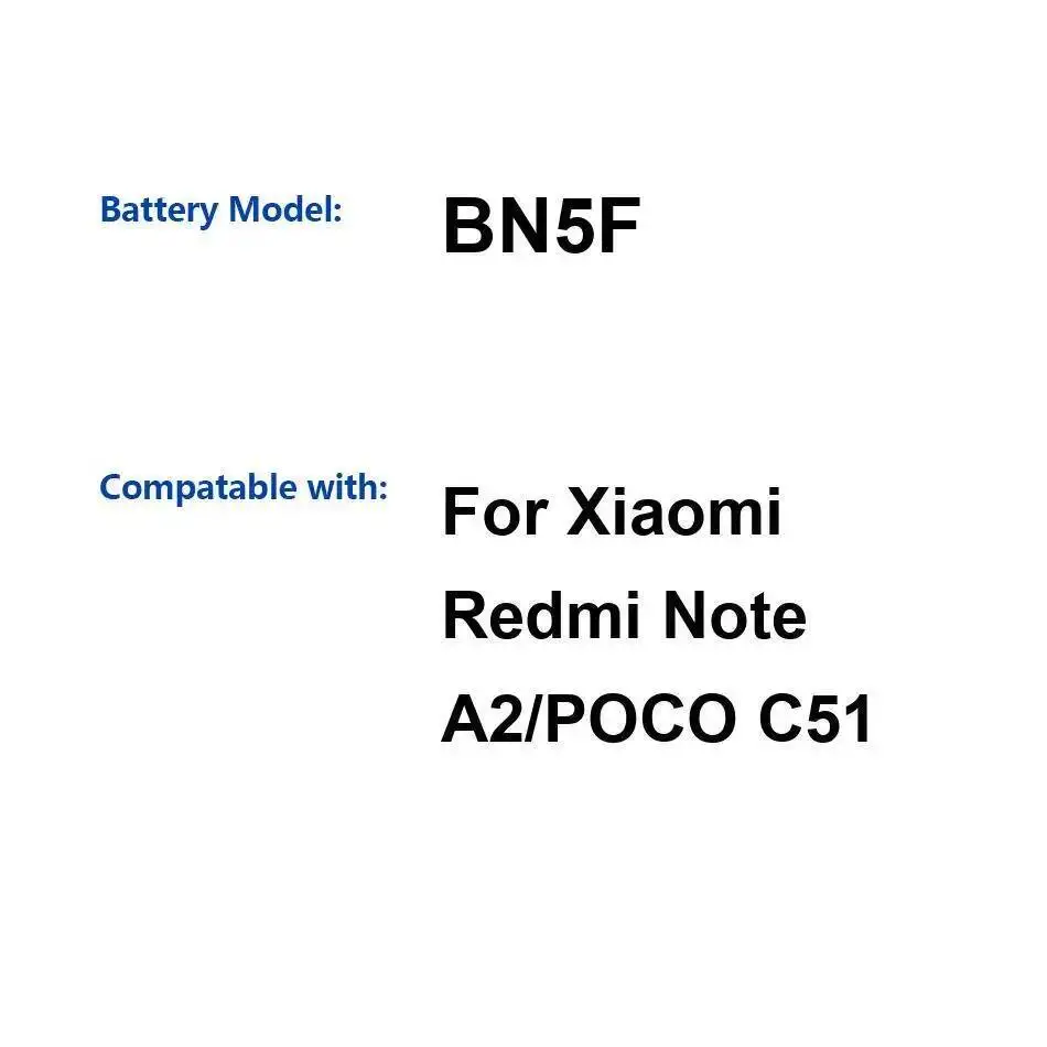 BN5F Высокая совместимость аккумулятора мобильного телефона 5000 мАч для Xiaomi Redmi Note A2 Poco C51
BN5F Высокая совместимость аккумулятора мобильного телефона 5000 мАч для Xiaomi Redmi Note A2 Poco C51