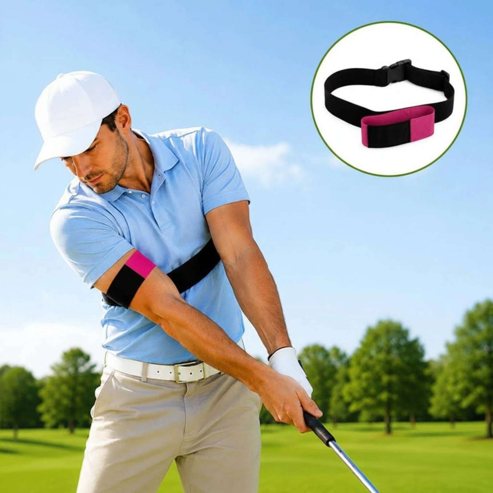 Golf Arm Posture Strap Black and Pink Golf Swing Alignment Harness Upper Arm Swing Coach Plastic Buckle Padded for Golfers
Golf Arm Posture Strap Black and Pink Golf Swing Alignment Harness Upper Arm Swing Coach Plastic Buckle Padded for Golfers