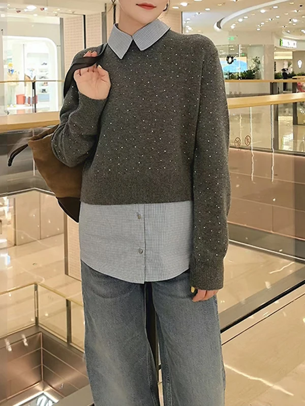 Faionable Detachable irt Collar Splice Diamond Decor Long Sve Fake Two-Piece Knitted Top Women Spring Season
Faionable Detachable irt Collar Splice Diamond Decor Long Sve Fake Two-Piece Knitted Top Women Spring Season
