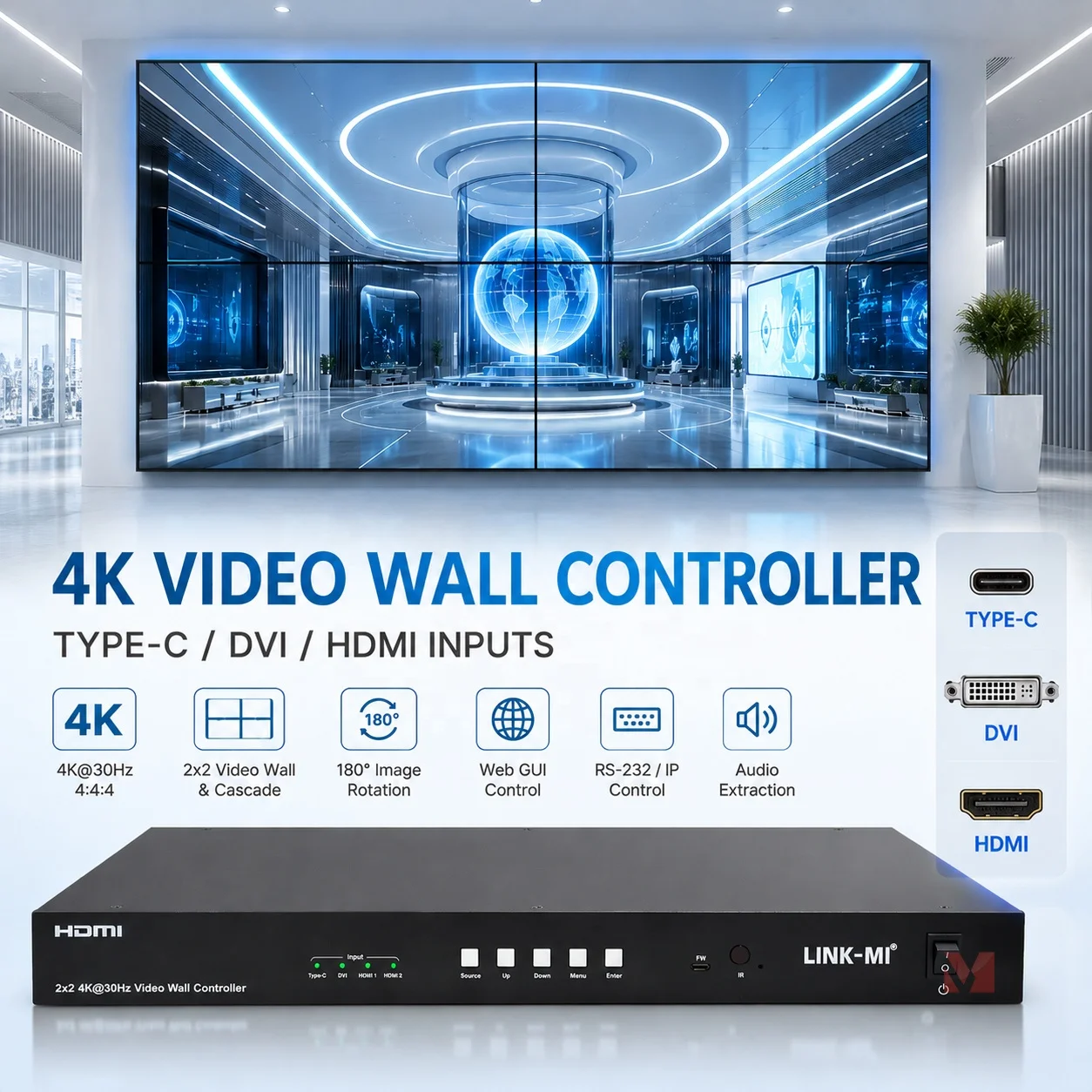 4K Video Wall Processor 2x2 Video Controller 10x10 Cascading USB C/DVI Input 180 Rotation Splitters for Output Ports Metal
4K Video Wall Processor 2x2 Video Controller 10x10 Cascading USB C/DVI Input 180 Rotation Splitters for Output Ports Metal