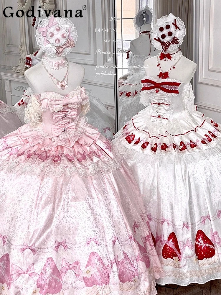 Sweet Wedding Dress Women's High Waist Slim Sweet Bow Tube Top +Long Skirt Set Princess Style Strawberry Print Lolita Dresses
Sweet Wedding Dress Women's High Waist Slim Sweet Bow Tube Top +Long Skirt Set Princess Style Strawberry Print Lolita Dresses