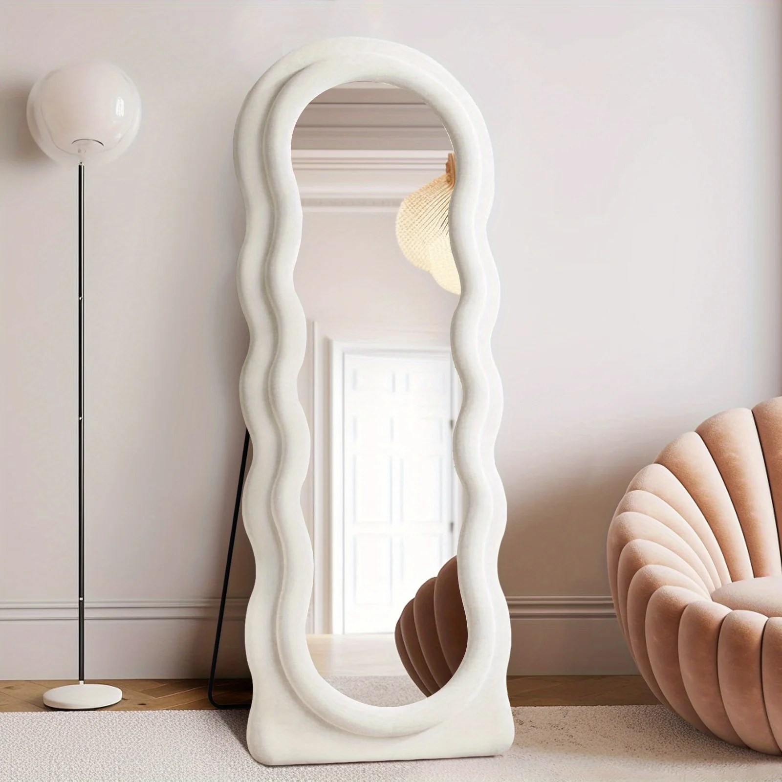 63"x24" Irregular Mirror Full Length, White Oversized Flannel Wave Floor Mirror With Stand, Hanging Or Against The Wall
63"x24" Irregular Mirror Full Length, White Oversized Flannel Wave Floor Mirror With Stand, Hanging Or Against The Wall