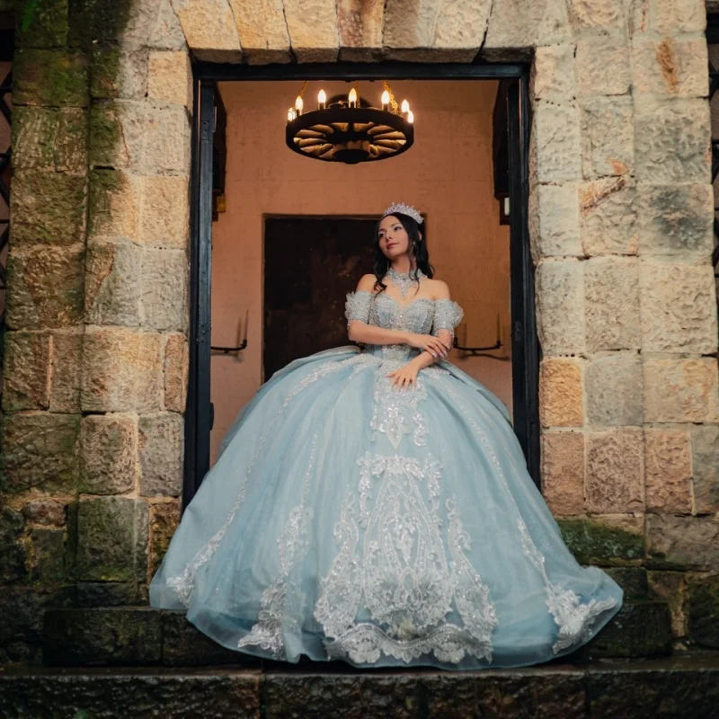 Light Blue Quinceanera Dress off-shoulder Silvery Glitter Crystal Decal Long tail Bow vestidos de 15 Quinceanera Customize
Light Blue Quinceanera Dress off-shoulder Silvery Glitter Crystal Decal Long tail Bow vestidos de 15 Quinceanera Customize