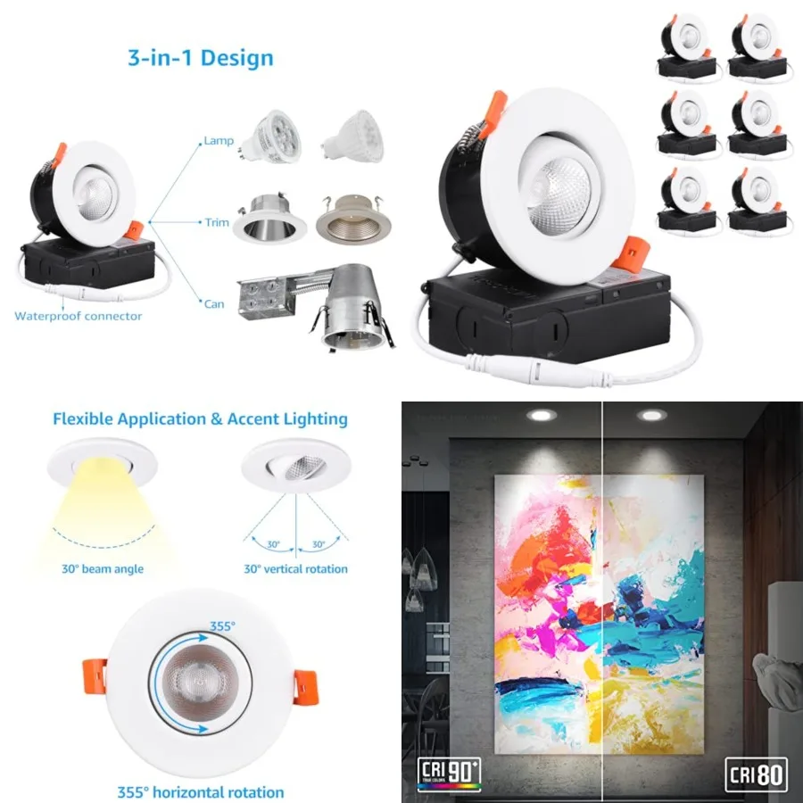 3 Inch Gimbal LED Recessed Light with Junction Box, CRI 90+ Dimmable Swivel Adjustable Eyeball Downlight, 7W 50W Eqv.,Canless L
3 Inch Gimbal LED Recessed Light with Junction Box, CRI 90+ Dimmable Swivel Adjustable Eyeball Downlight, 7W 50W Eqv.,Canless L