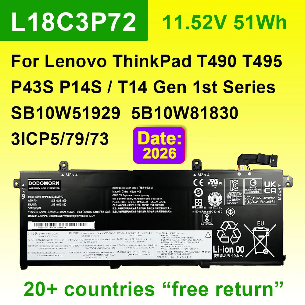 11.52V 51Wh L18C3P72 For Lenovo ThinkPad T490 T495 P43S,P14S T14 Gen 1st Series Laptop Battery SB10W51929 L18L3P73 L18M3P73
11.52V 51Wh L18C3P72 For Lenovo ThinkPad T490 T495 P43S,P14S T14 Gen 1st Series Laptop Battery SB10W51929 L18L3P73 L18M3P73