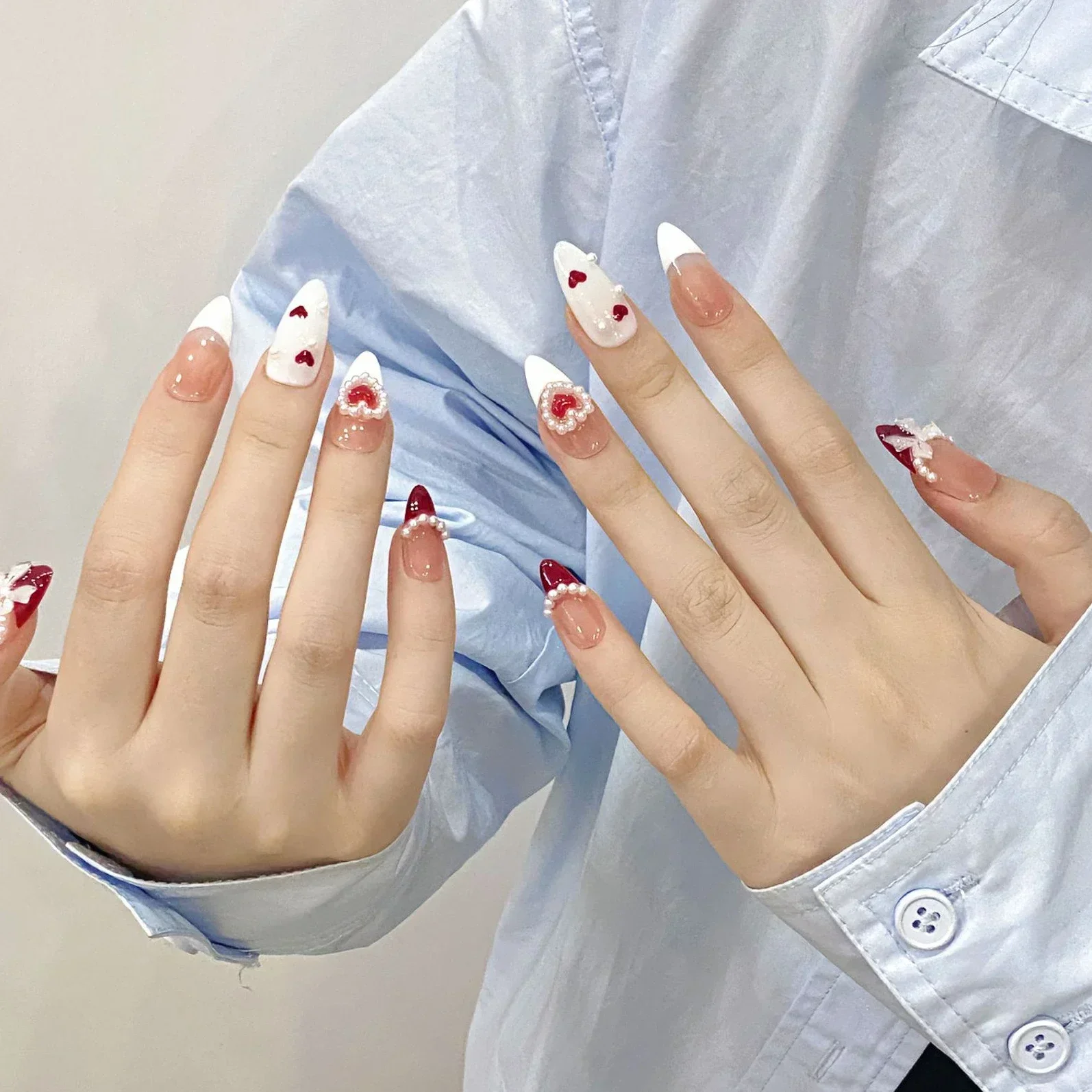 10Pcs Almond French White Fasle Nails Handmade Love-Bow Design Fake Nails Red Cat Eye Press on Nails with Glue for Girls/Women
10Pcs Almond French White Fasle Nails Handmade Love-Bow Design Fake Nails Red Cat Eye Press on Nails with Glue for Girls/Women
