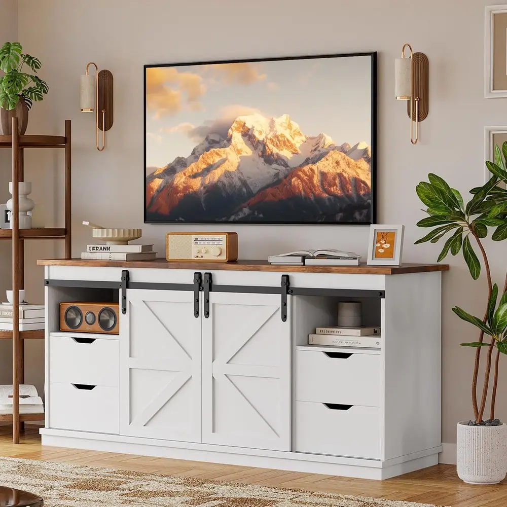 65 TV Stand with Sliding Barn Doors, 4 Drawers, White Media Furniture for Living Room
65 TV Stand with Sliding Barn Doors, 4 Drawers, White Media Furniture for Living Room