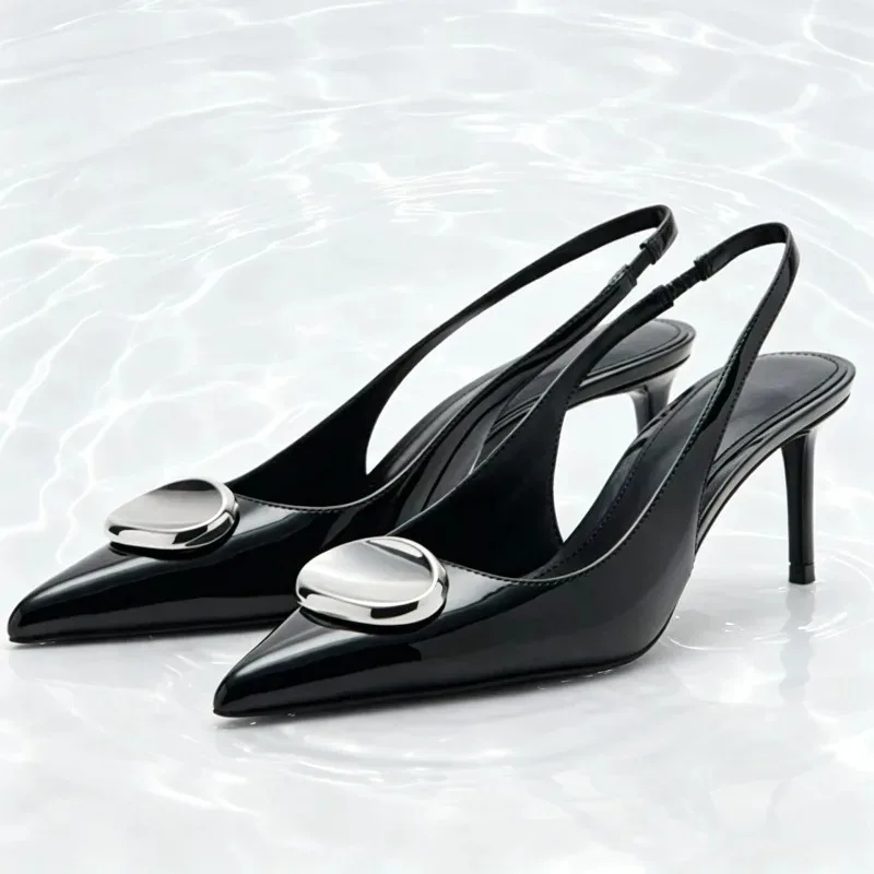 Black Patent Leather Pointed Toe Slingback Heels Women Luxury Metal Decoration Designer Shoes Elegant Party Stiletto Dress Shoes
Black Patent Leather Pointed Toe Slingback Heels Women Luxury Metal Decoration Designer Shoes Elegant Party Stiletto Dress Shoes