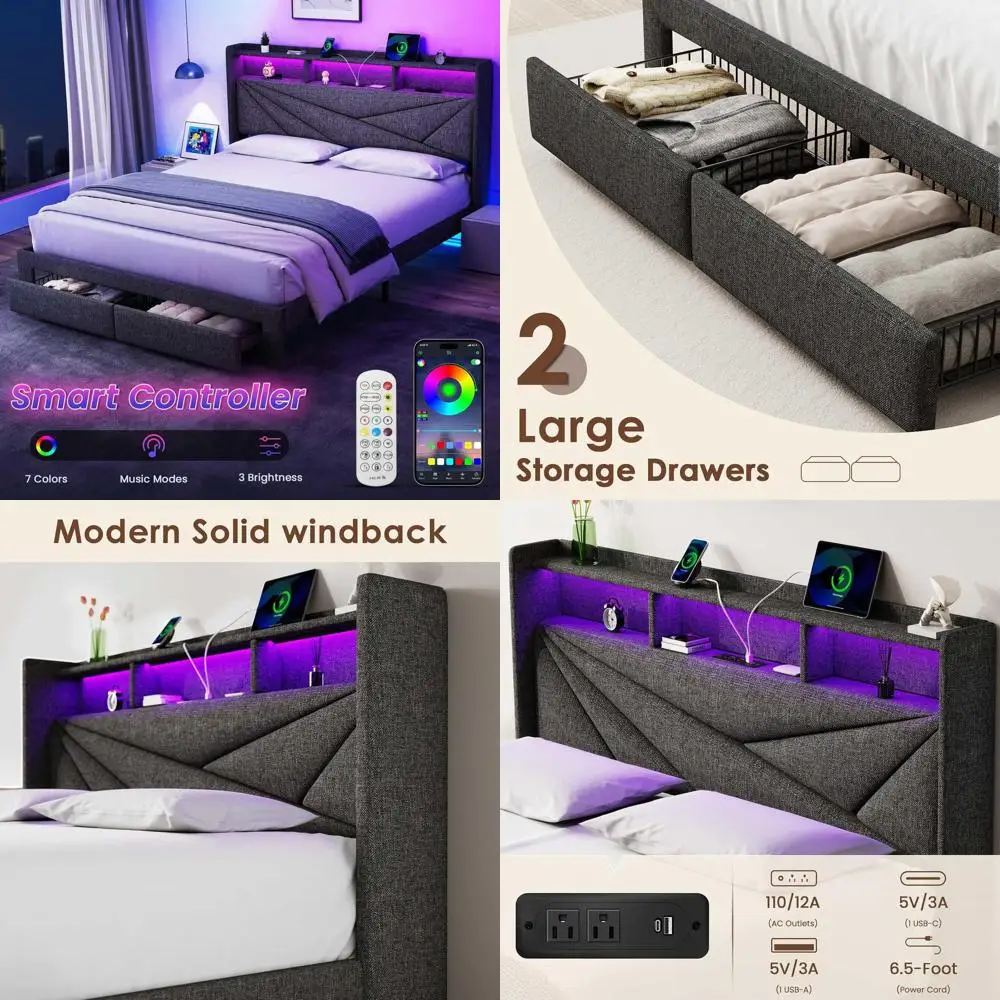 Кровать King Size с ящиками для хранения, мягким изголовьем, зарядной станцией, без пружинного блока, простая сборка - серая
Кровать King Size с ящиками для хранения, мягким изголовьем, зарядной станцией, без пружинного блока, простая сборка - серая