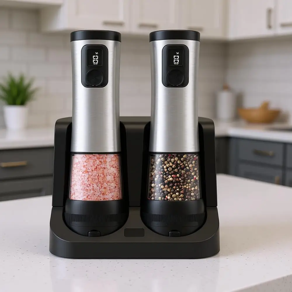 Набор автоматических перезаряжаемых мельниц для перца, 2 шт., 5 уровней регулировки, LED-подсветка, большая емкость, нержавеющая сталь, зарядная база
Набор автоматических перезаряжаемых мельниц для перца, 2 шт., 5 уровней регулировки, LED-подсветка, большая емкость, нержавеющая сталь, зарядная база