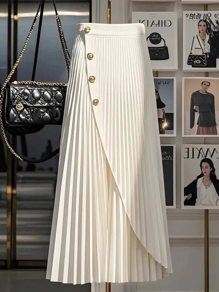 Frence Women Fashion Pleated Long Skirts One Piece Asymmetric Golden Buckle White Full Skirt Spring Summer Office Lady Elegance
Frence Women Fashion Pleated Long Skirts One Piece Asymmetric Golden Buckle White Full Skirt Spring Summer Office Lady Elegance