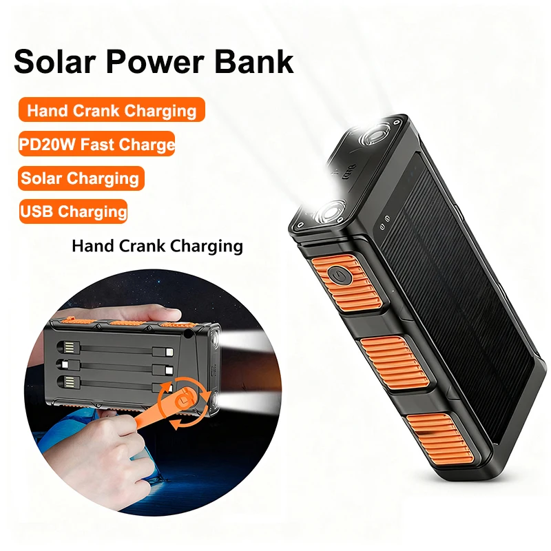 30000mAh Solar Power Bank with Hand Crank Builtin Cable Portable External Battery PD20W Fast Charger Powerbank for Phone Camping
30000mAh Solar Power Bank with Hand Crank Builtin Cable Portable External Battery PD20W Fast Charger Powerbank for Phone Camping