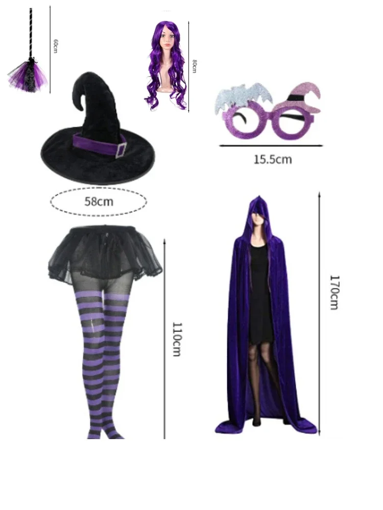 PESENAR Complete Halloween witch costume set Hood Cape dress necklace broomstick striped high socks wizard hat wig
PESENAR Complete Halloween witch costume set Hood Cape dress necklace broomstick striped high socks wizard hat wig