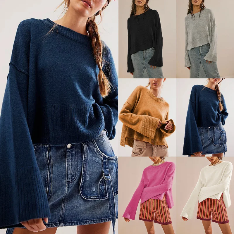 Autumn Winter New Hot Sale Solid Color Round Neck Flared Sleeve Pullover Knitted Sweater Fashion Women'S Sweater
Autumn Winter New Hot Sale Solid Color Round Neck Flared Sleeve Pullover Knitted Sweater Fashion Women'S Sweater