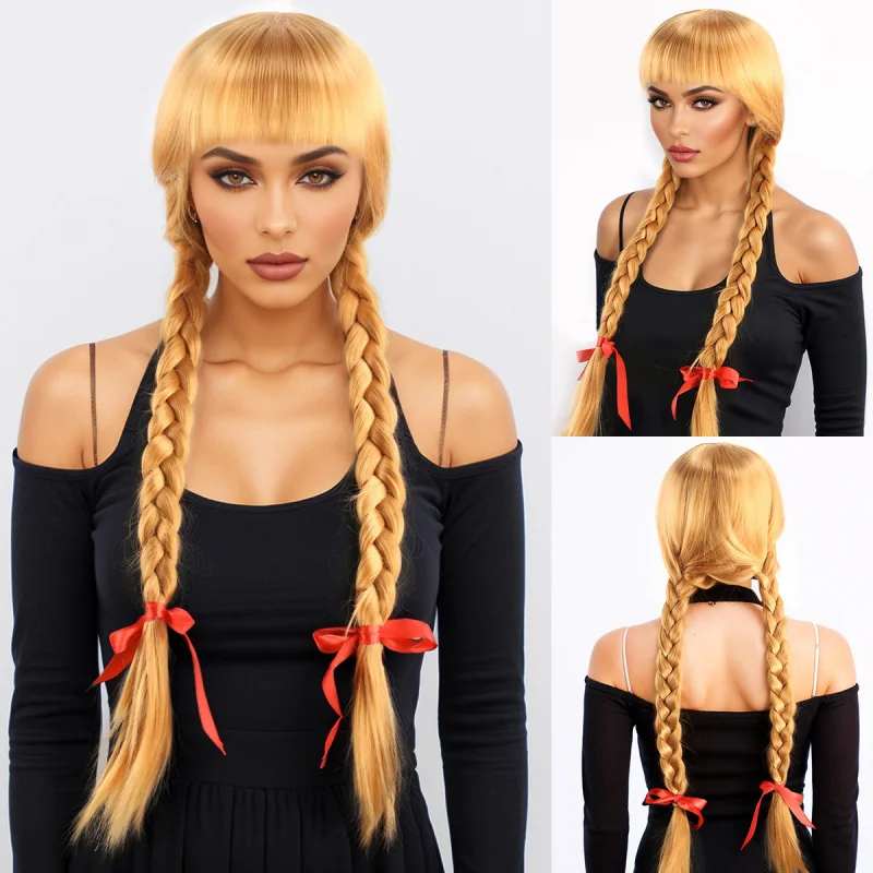 Women's long hair braids, golden blonde, stylish full-head wig with side-swept bangs
Women's long hair braids, golden blonde, stylish full-head wig with side-swept bangs