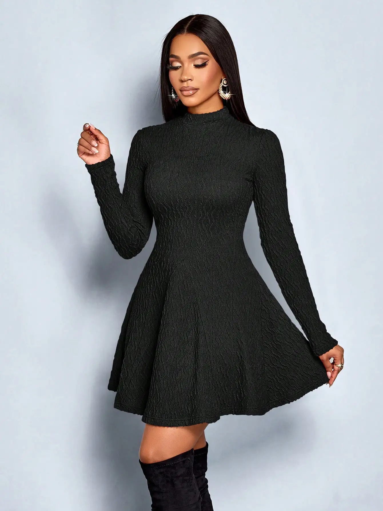 Elegant Black Long Sleeve Turtleneck A-Line Mini Dress For Women
Elegant Black Long Sleeve Turtleneck A-Line Mini Dress For Women