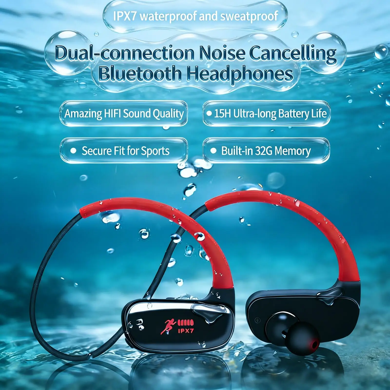 IPX7 Waterproof Bluetooth Swimming Earphones with 32G TF Card, Long Battery Life HIFI Stereo Ear-hook Secure Fit Sports Headset
IPX7 Waterproof Bluetooth Swimming Earphones with 32G TF Card, Long Battery Life HIFI Stereo Ear-hook Secure Fit Sports Headset