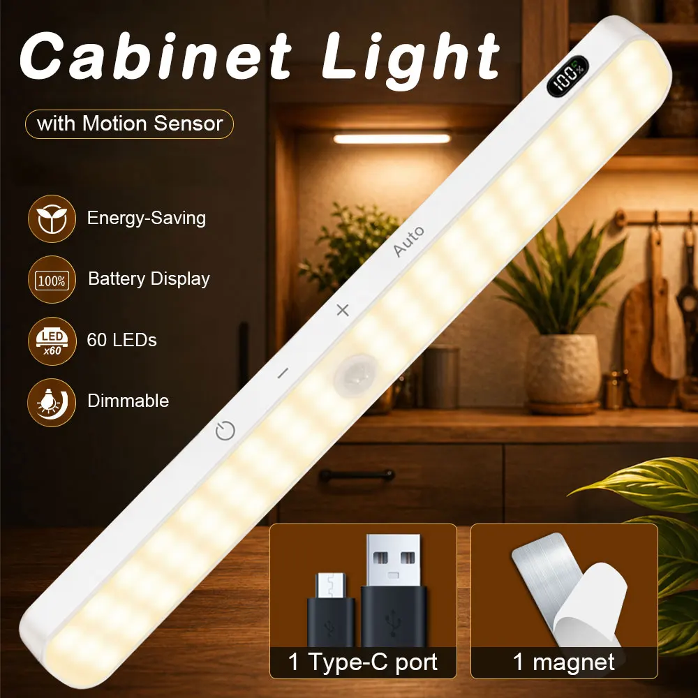 Motion Sensor Cabinet Light 60 LEDs Wardrobe Lights Rechargeable Battery Display Dimmable Closet Stair Hallway Pantry Light Bar
Motion Sensor Cabinet Light 60 LEDs Wardrobe Lights Rechargeable Battery Display Dimmable Closet Stair Hallway Pantry Light Bar