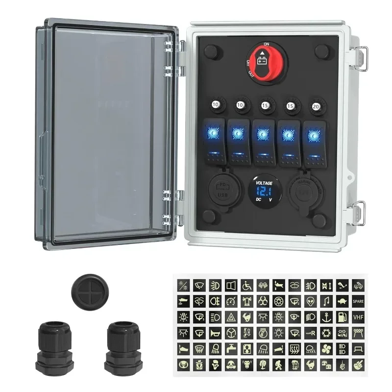 Hot Products.Rocker Switch Marine 12V Toggle Switch Panel Box 5 Gang Waterproof LED Lighted with Breaker USB Charger LED Voltmet
Hot Products.Rocker Switch Marine 12V Toggle Switch Panel Box 5 Gang Waterproof LED Lighted with Breaker USB Charger LED Voltmet