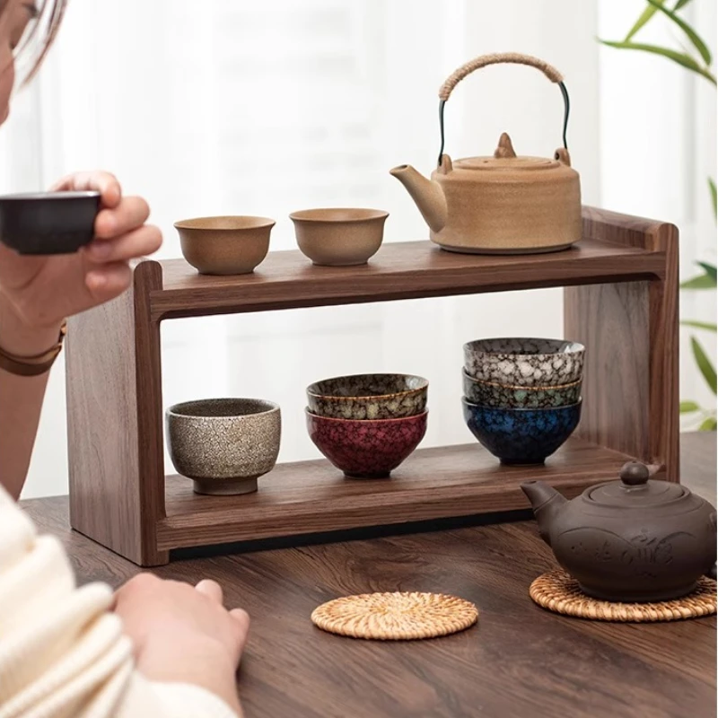 Black Walnut Display Shelf Mid-Century Modern Tea Set Rack 2-Tier Coffee Cup Holder Vintage Curio Organizer for Small Spaces 
Black Walnut Display Shelf Mid-Century Modern Tea Set Rack 2-Tier Coffee Cup Holder Vintage Curio Organizer for Small Spaces