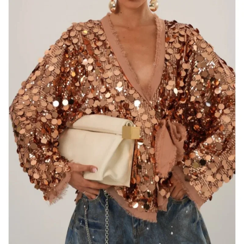 Women Sequin Long Sleeve Loose Jacket New Autumn Winter Lady Sexy V Neck Lace Up Club Coat Fashion High Street Patchwork Outwear
Women Sequin Long Sleeve Loose Jacket New Autumn Winter Lady Sexy V Neck Lace Up Club Coat Fashion High Street Patchwork Outwear