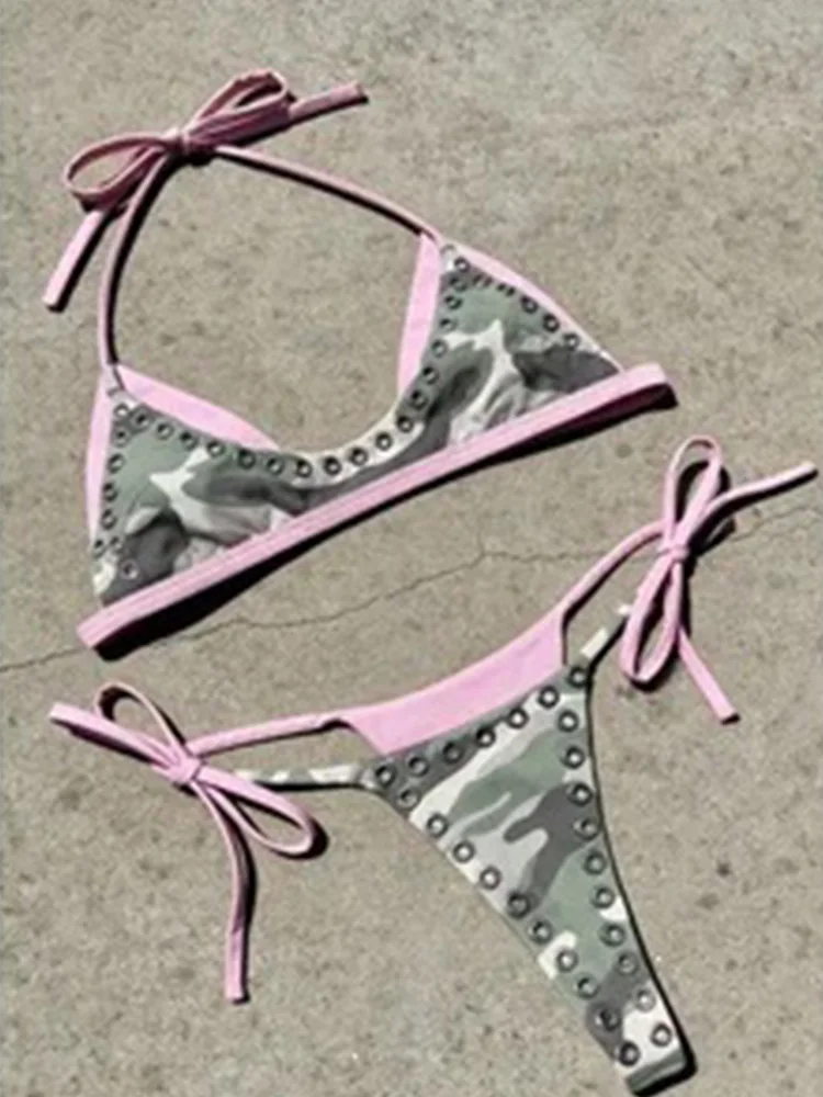 Women Studded Camo Pink Trim Bikini Set Halter Triangle Tie Side Y2K Edgy Summer Beach Party Swimsuit
Women Studded Camo Pink Trim Bikini Set Halter Triangle Tie Side Y2K Edgy Summer Beach Party Swimsuit