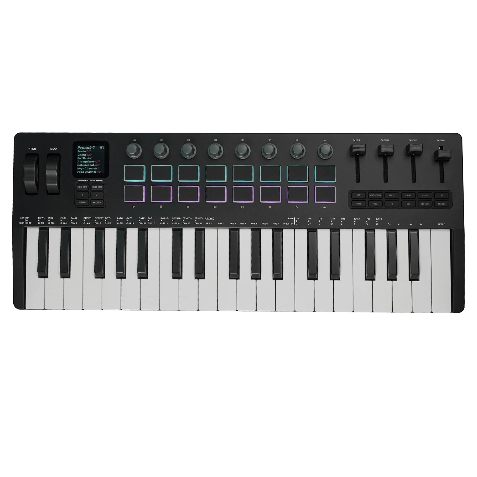 SMK-37 PRO 37-Key Portable MIDI Keyboard 16 RGB Pads 4 Faders 8 Encoders Built-in Legendary DX-7 FM Synth Engine
SMK-37 PRO 37-Key Portable MIDI Keyboard 16 RGB Pads 4 Faders 8 Encoders Built-in Legendary DX-7 FM Synth Engine