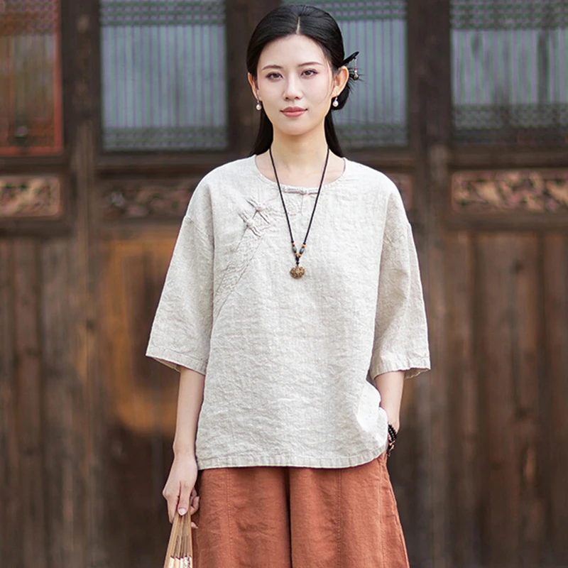 Chinese Style Women Cotton Linen Casual T-shirt New 2026 Summer O-neck Solid Color Loose Female Half Sleeve Tops Tees M2683
Chinese Style Women Cotton Linen Casual T-shirt New 2026 Summer O-neck Solid Color Loose Female Half Sleeve Tops Tees M2683
