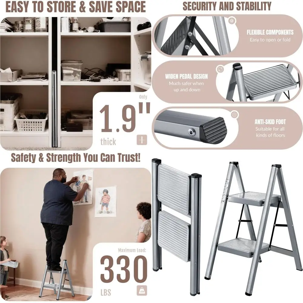 Двухступенчатая складная стремянка с широкими нескользящими ступенями, портативная прочная стальная лестница на 2 ступени, выдерживает до 150 кг, для кухни и дома
Двухступенчатая складная стремянка с широкими нескользящими ступенями, портативная прочная стальная лестница на 2 ступени, выдерживает до 150 кг, для кухни и дома