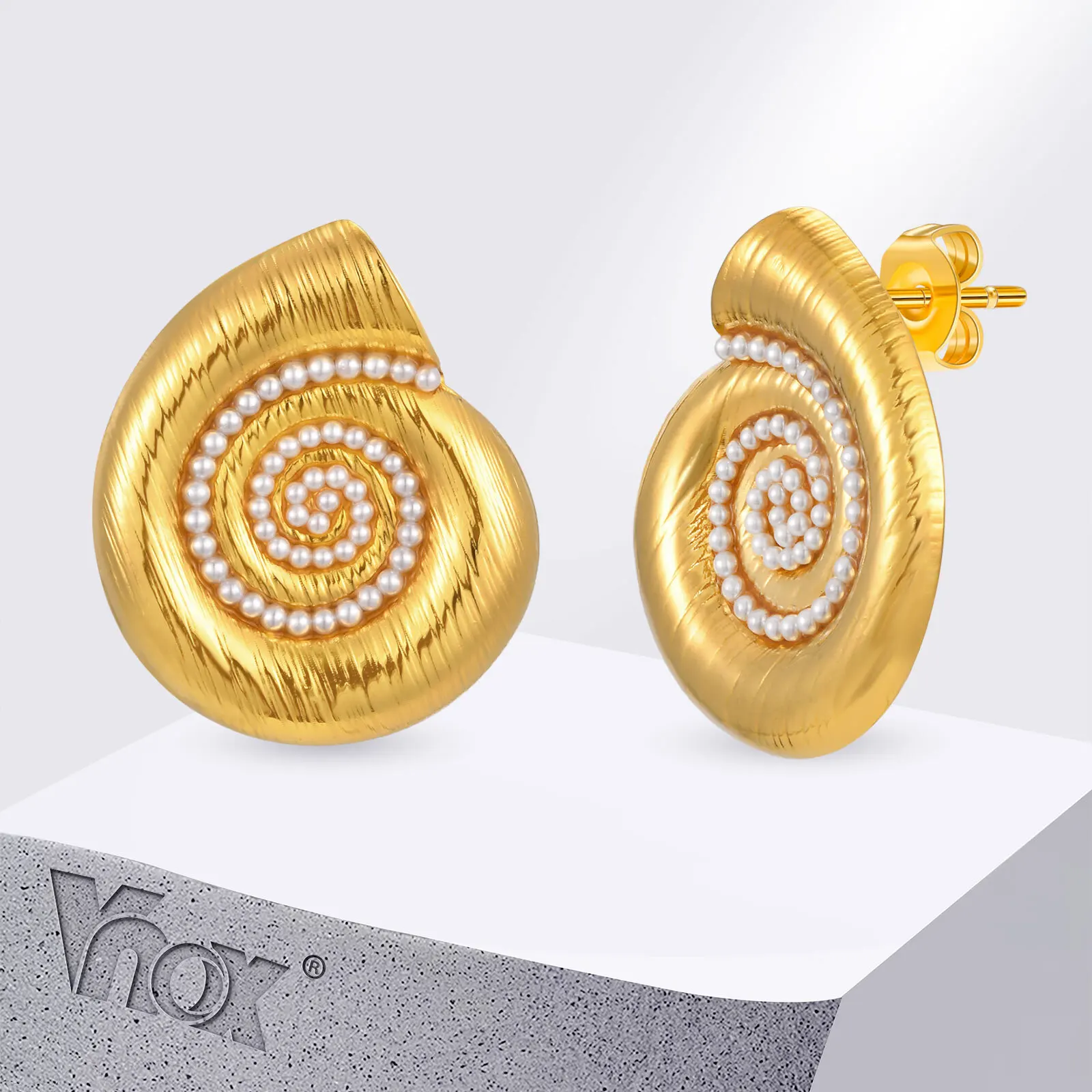 Vnox Conch Spiral Pearls Metal Stud Earring, 1pair Women's Trendy Earrings, Stainless Steel Summer Holiday Jewelry Waterproof
Vnox Conch Spiral Pearls Metal Stud Earring, 1pair Women's Trendy Earrings, Stainless Steel Summer Holiday Jewelry Waterproof