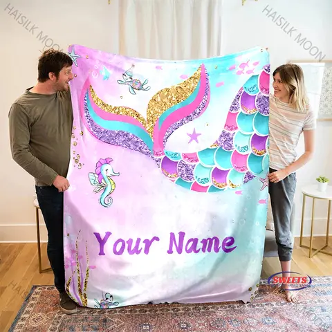 Cobertor estampado de cauda de sereia de 10 estilos para família e amigos, cobertor de lazer para quarto de sala de estar com nome personalizado