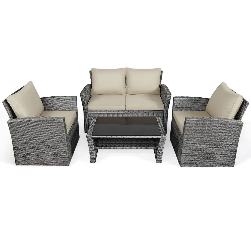4 Pieces Patio Rattan Furniture Set, Outdoor Wicker Sofa Set with Tempered Glass Coffee Table, Cushions, All Weather Rattan Con
4 Pieces Patio Rattan Furniture Set, Outdoor Wicker Sofa Set with Tempered Glass Coffee Table, Cushions, All Weather Rattan Con