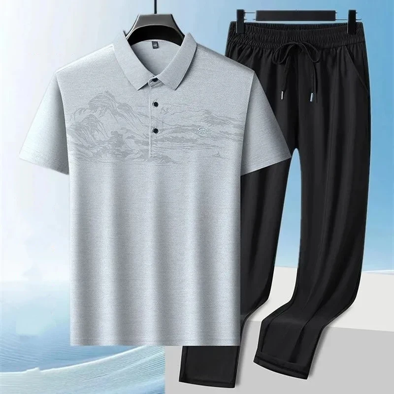 Men's Chinese Style Mountain Print Ice Silk 2 Pieces Outfit Lapel Polo Shirt Elastic Waist Pants Casual Set
Men's Chinese Style Mountain Print Ice Silk 2 Pieces Outfit Lapel Polo Shirt Elastic Waist Pants Casual Set