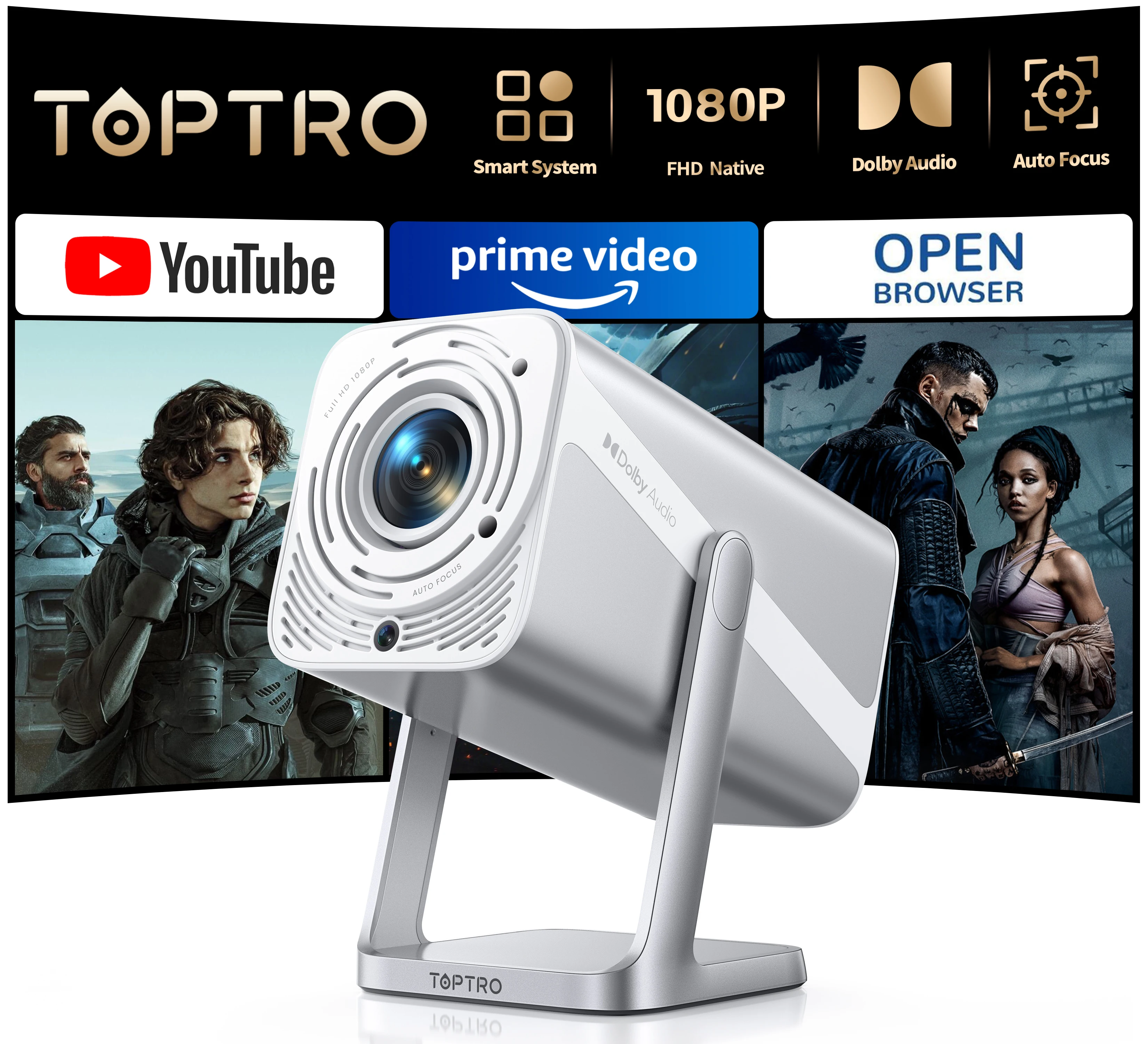 TOPTRO TP1 Mini Projector 4K Support 800ansi FHD Auto Focus K360° Rotable Portable Projector Wifi6 1080p home theater BT5.2
TOPTRO TP1 Mini Projector 4K Support 800ansi FHD Auto Focus K360° Rotable Portable Projector Wifi6 1080p home theater BT5.2