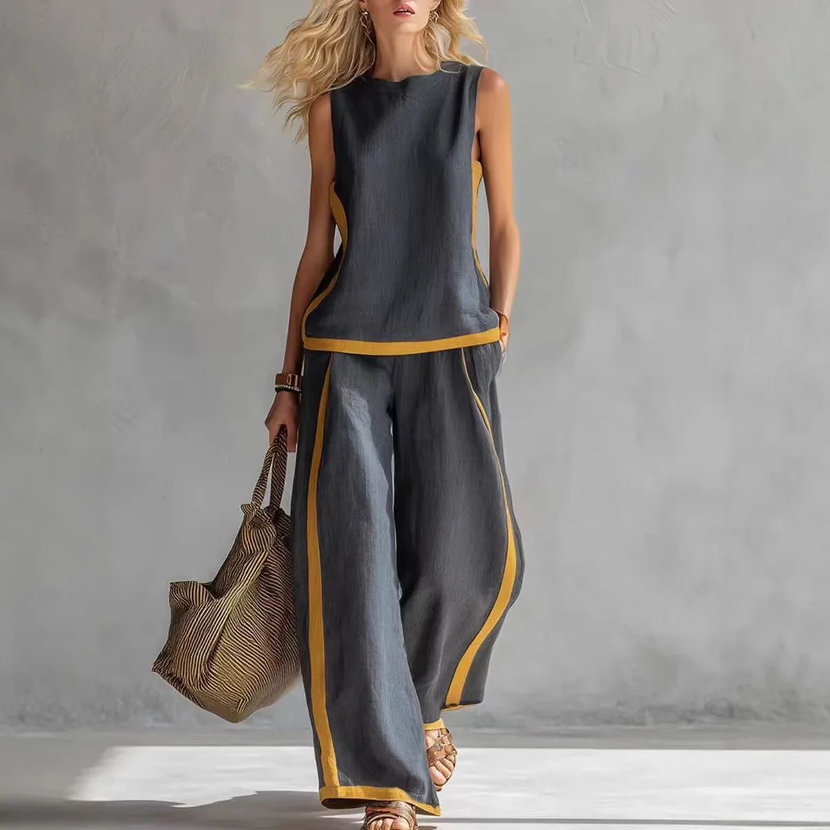 Women Linen 2 Piece Sets Color Block Sleeveless O Neck Tank Top High Waist Wide Leg Pants Loose Casual Summer Matching Suit
Women Linen 2 Piece Sets Color Block Sleeveless O Neck Tank Top High Waist Wide Leg Pants Loose Casual Summer Matching Suit