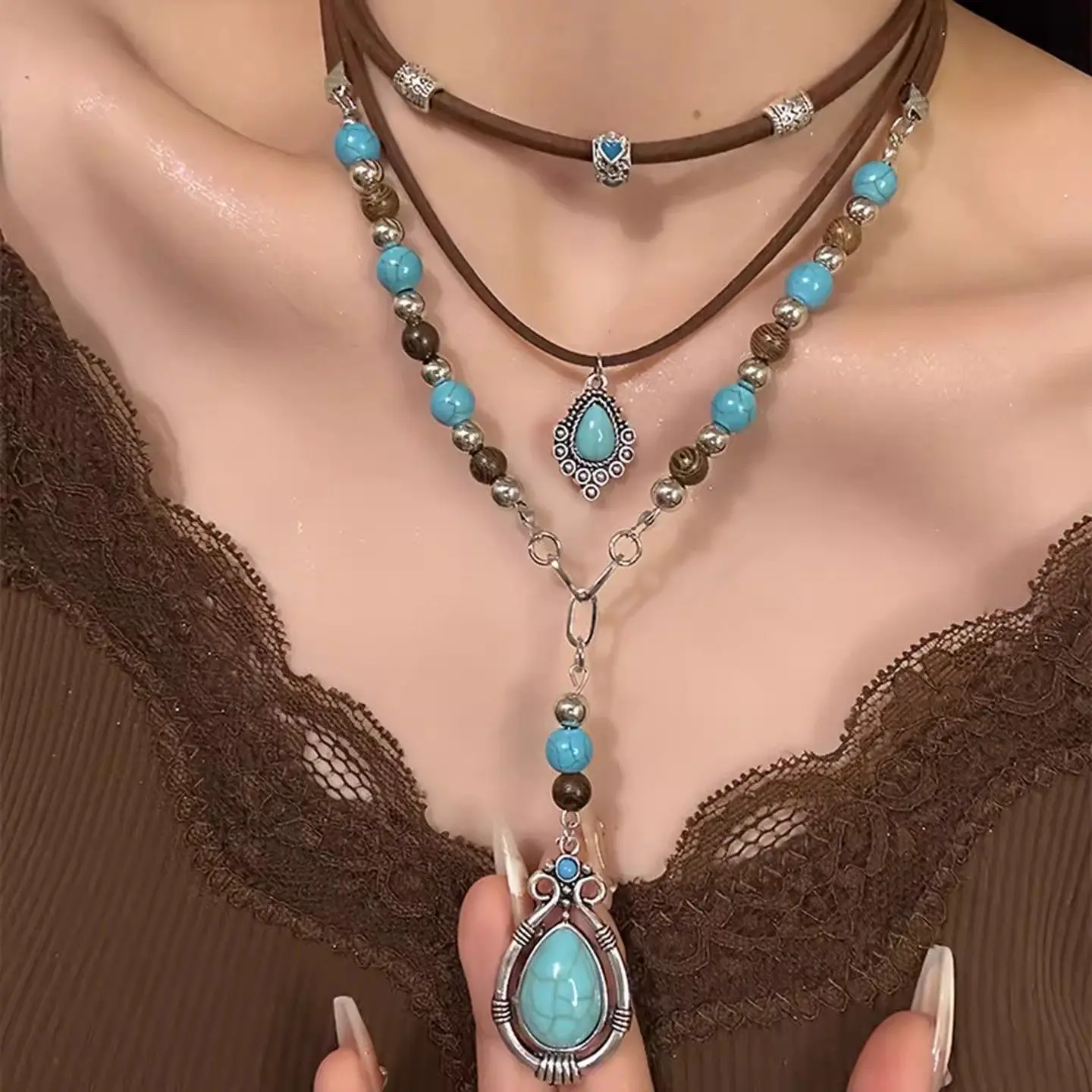 Vintage multi-layer bohemian niche design women's turquoise stacked chain beaded necklace
Vintage multi-layer bohemian niche design women's turquoise stacked chain beaded necklace