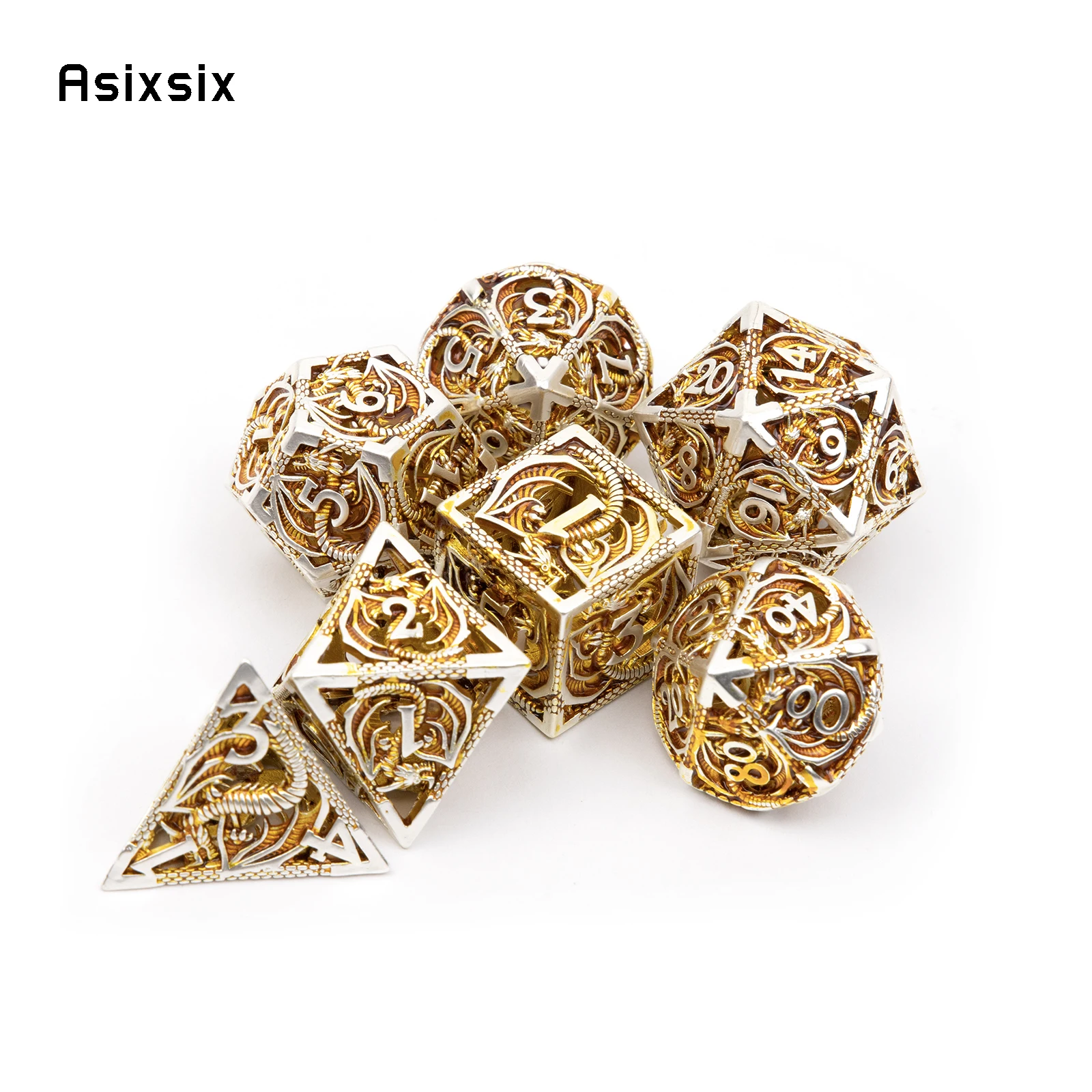 7 Pcs Golden White Dragon Metal Dice Dragon Hollow Metal Polyhedral Dice Set Suitable for Role-Playing RPG Board Game Card Game
7 Pcs Golden White Dragon Metal Dice Dragon Hollow Metal Polyhedral Dice Set Suitable for Role-Playing RPG Board Game Card Game