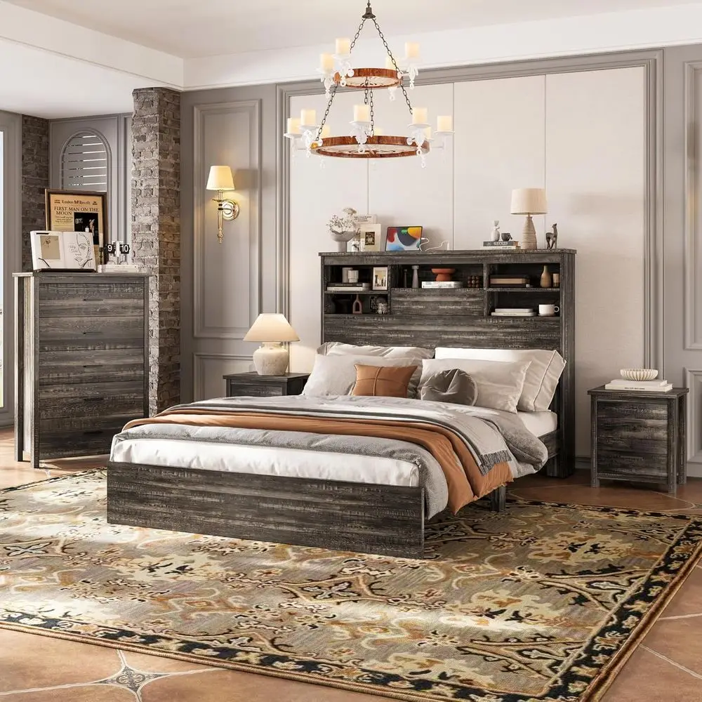 armhouse 4-Pieces Bedroom Sets, Queen Size Platorm Bed with 2 Nightstands and 5-Der Storage, Wooden Bed e with Storage board and
armhouse 4-Pieces Bedroom Sets, Queen Size Platorm Bed with 2 Nightstands and 5-Der Storage, Wooden Bed e with Storage board and