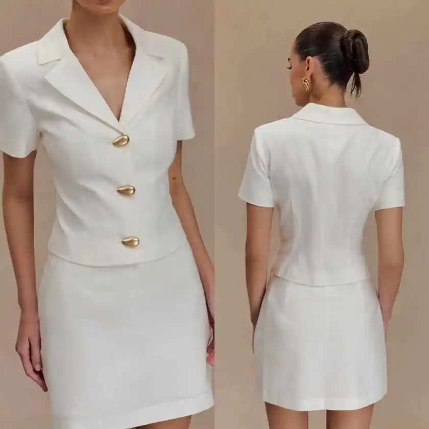 Elegant Short Sleeve Gold Button Women's Suit 2-Piece Single-Breasted Formal Office Party Blazer & Mini Skirt Set Customized
Elegant Short Sleeve Gold Button Women's Suit 2-Piece Single-Breasted Formal Office Party Blazer & Mini Skirt Set Customized