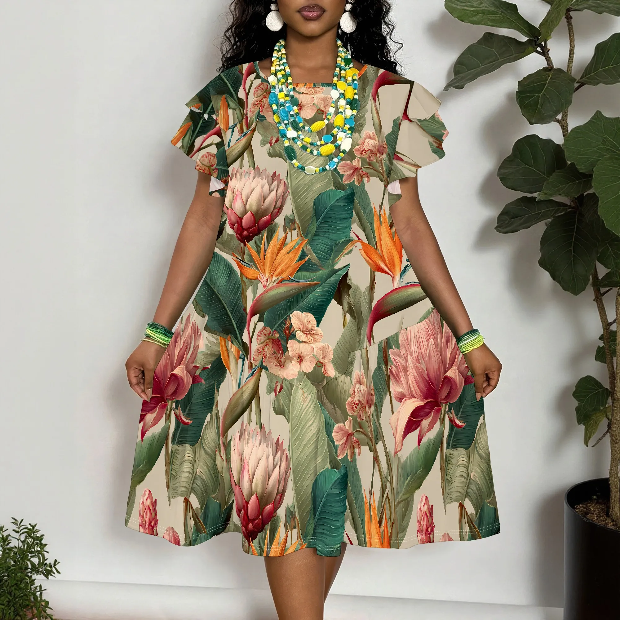 Women's Tropical Floral Print Ruffle Sleeve Dress, Summer Casual A-Line Short Sleeve Midi Dress
Women's Tropical Floral Print Ruffle Sleeve Dress, Summer Casual A-Line Short Sleeve Midi Dress