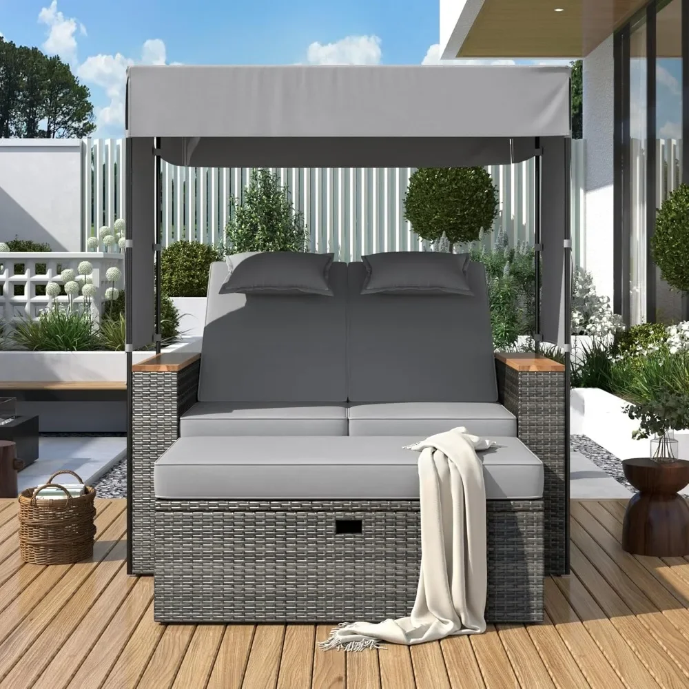 Double Lounge Chair with Canopy and Adjustable Backrest (Grey Wicker-2), All Weather Patio Wicker Sunbed
Double Lounge Chair with Canopy and Adjustable Backrest (Grey Wicker-2), All Weather Patio Wicker Sunbed