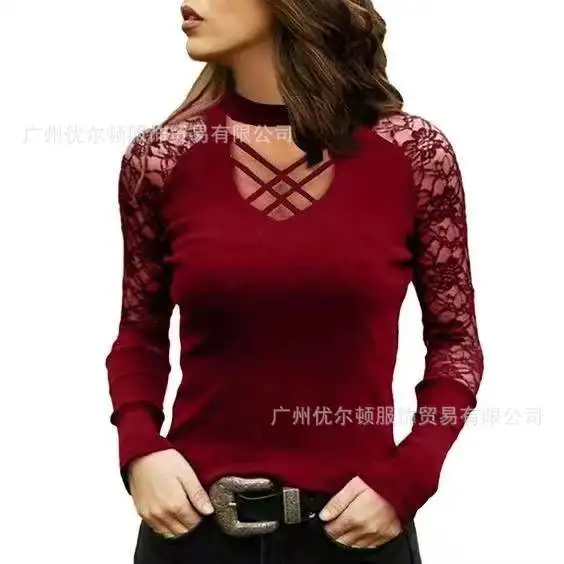 2025 Long-sleeved T-shirt for Women's Turtleneck Fashionable Hollow Spliced lace Sleeve Black Top Sexy Female Burgundy Tees
2025 Long-sleeved T-shirt for Women's Turtleneck Fashionable Hollow Spliced lace Sleeve Black Top Sexy Female Burgundy Tees
